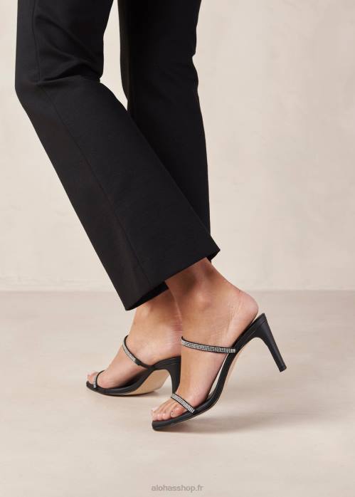 femmes lueur noire P64N162 Alohas cannes glow - sandales en cuir noir et cristaux