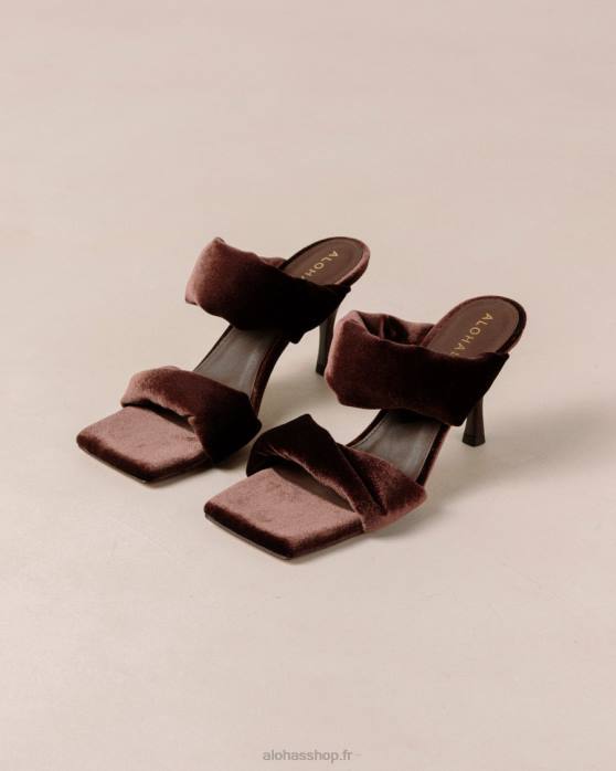 femmes marron café velours P64N590 Alohas bride torsadée - mules en velours marron