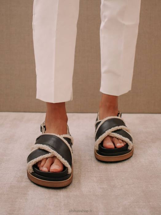 femmes noir P64N112 Alohas marshmallow - sandales noires en cuir et shearling