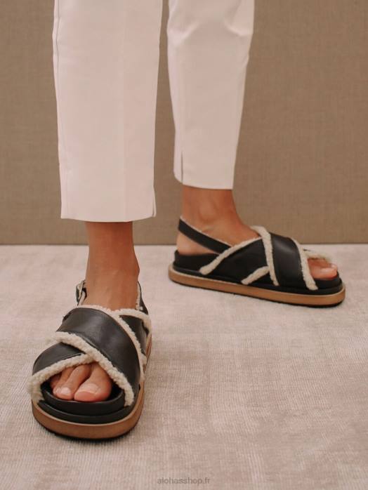 femmes noir P64N112 Alohas marshmallow - sandales noires en cuir et shearling