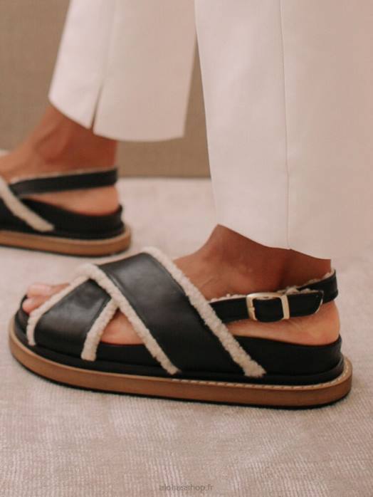 femmes noir P64N112 Alohas marshmallow - sandales noires en cuir et shearling