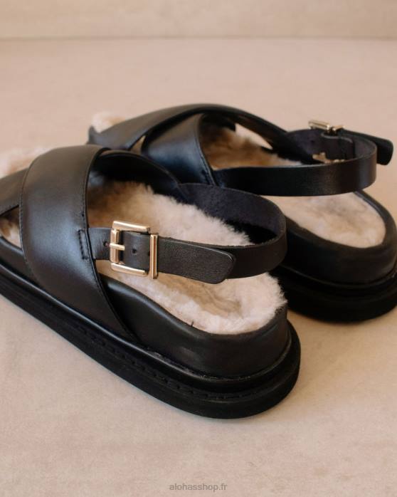femmes noir P64N128 Alohas fourrure de guimauve - sandales en cuir noir
