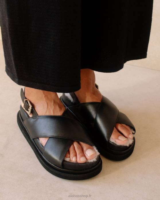 femmes noir P64N128 Alohas fourrure de guimauve - sandales en cuir noir