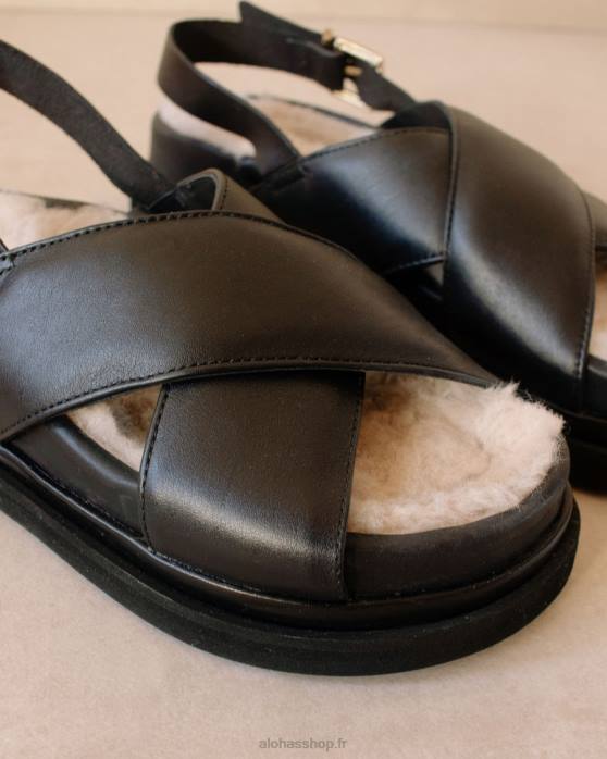 femmes noir P64N128 Alohas fourrure de guimauve - sandales en cuir noir