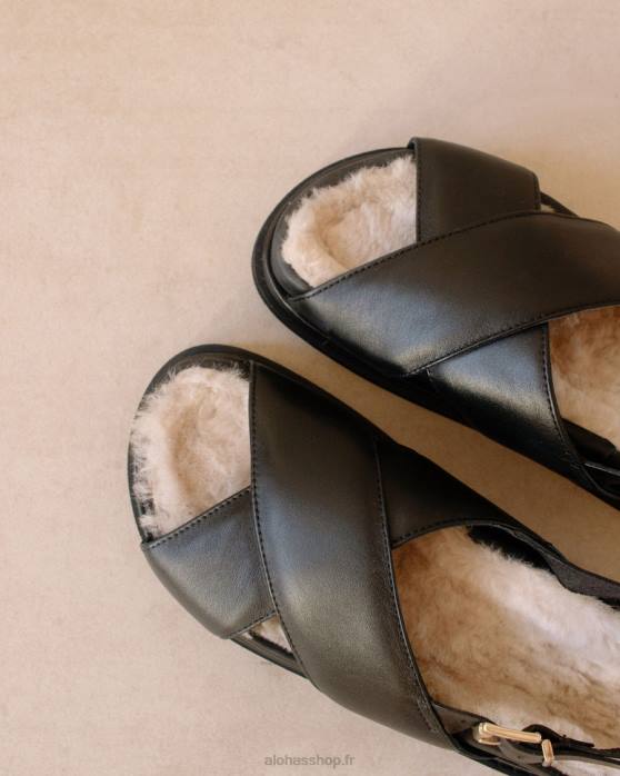 femmes noir P64N128 Alohas fourrure de guimauve - sandales en cuir noir