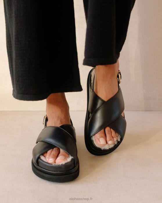 femmes noir P64N128 Alohas fourrure de guimauve - sandales en cuir noir
