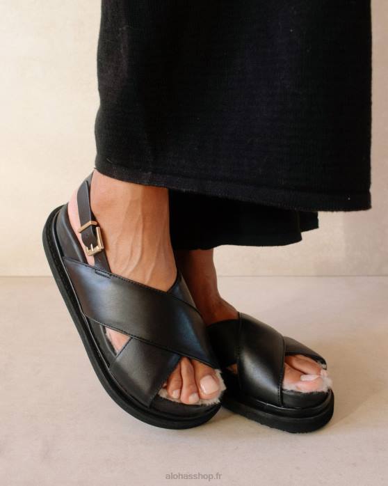 femmes noir P64N128 Alohas fourrure de guimauve - sandales en cuir noir