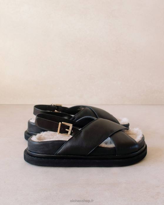 femmes noir P64N128 Alohas fourrure de guimauve - sandales en cuir noir