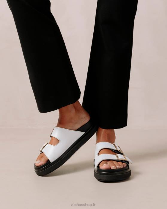 femmes noir blanc brillant/blanc P64N415 Alohas bride à boucle - sandales en cuir noir et blanc