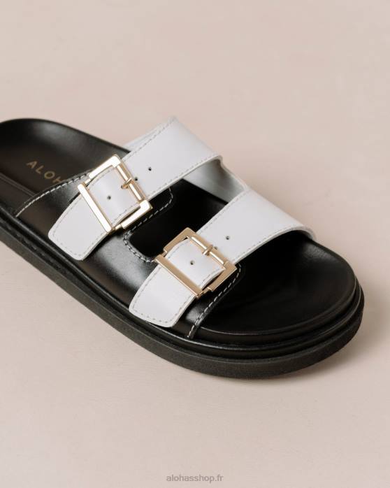 femmes noir blanc brillant/blanc P64N415 Alohas bride à boucle - sandales en cuir noir et blanc