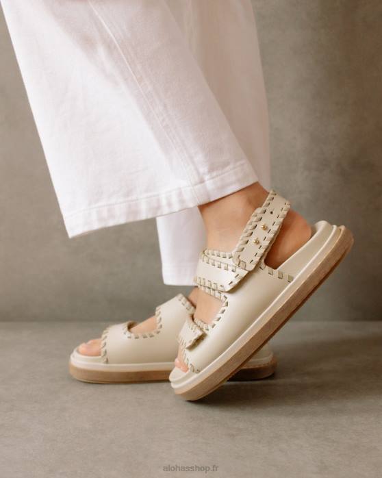 femmes pierre beige ivoire P64N480 Alohas baril - sandales en cuir blanc et beige
