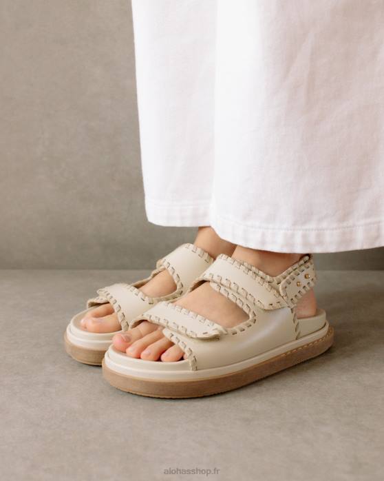 femmes pierre beige ivoire P64N480 Alohas baril - sandales en cuir blanc et beige