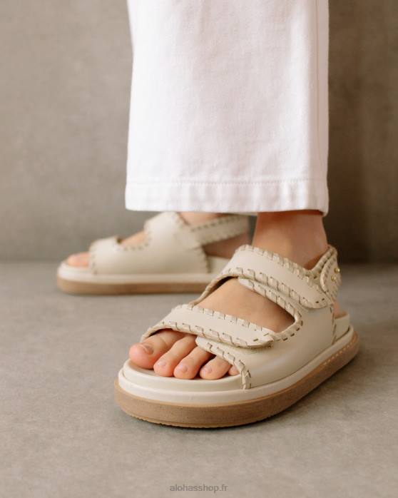 femmes pierre beige ivoire P64N480 Alohas baril - sandales en cuir blanc et beige