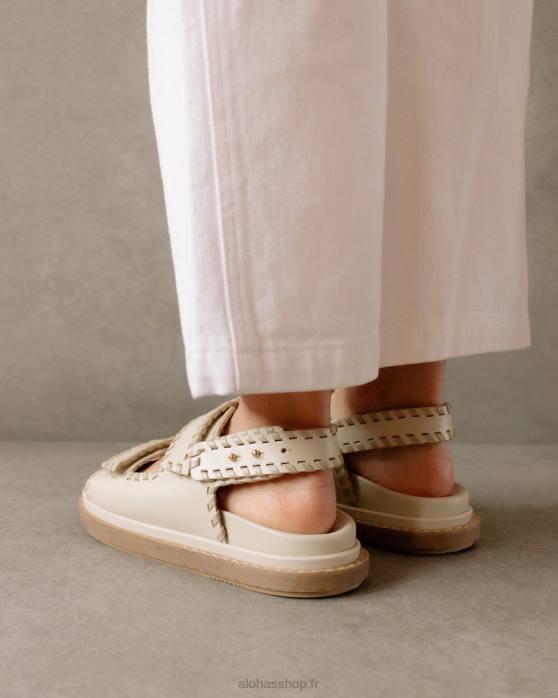 femmes pierre beige ivoire P64N480 Alohas baril - sandales en cuir blanc et beige