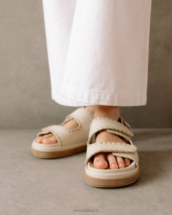 femmes pierre beige ivoire P64N480 Alohas baril - sandales en cuir blanc et beige
