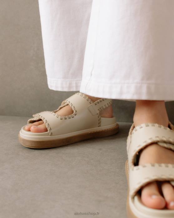 femmes pierre beige ivoire P64N480 Alohas baril - sandales en cuir blanc et beige