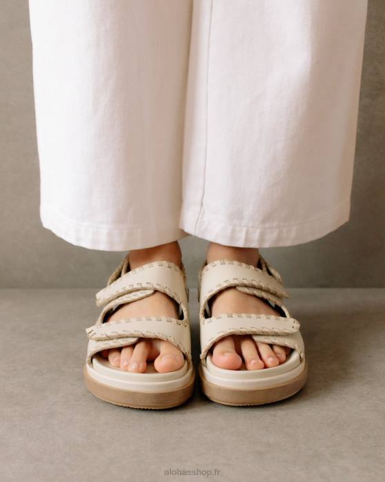 femmes pierre beige ivoire P64N480 Alohas baril - sandales en cuir blanc et beige