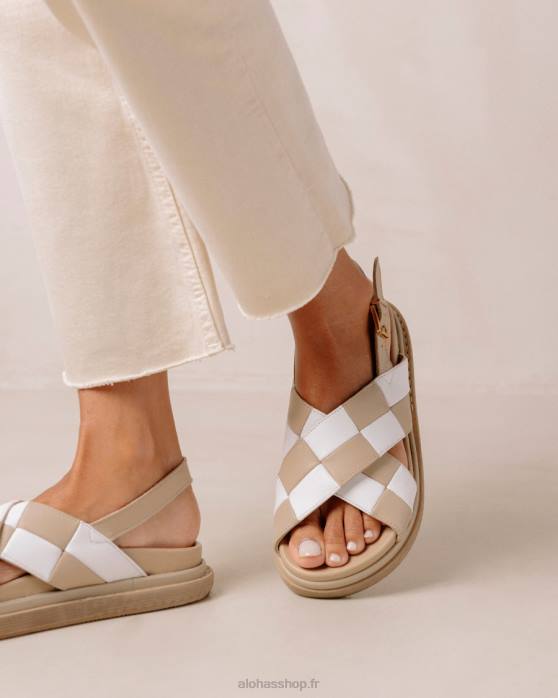 femmes scacchi beige ivoire P64N127 Alohas scacchi marshmallow - sandales en cuir blanc et beige