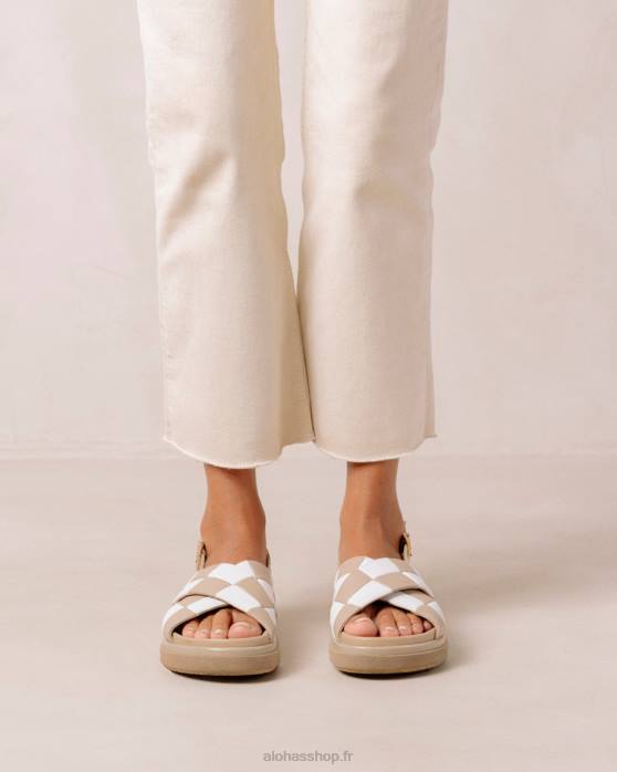 femmes scacchi beige ivoire P64N127 Alohas scacchi marshmallow - sandales en cuir blanc et beige
