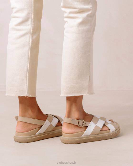 femmes scacchi beige ivoire P64N127 Alohas scacchi marshmallow - sandales en cuir blanc et beige