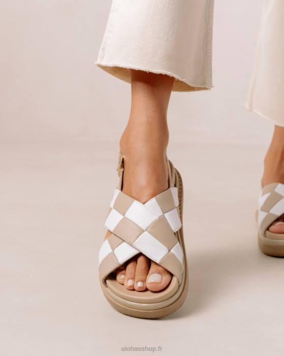 femmes scacchi beige ivoire P64N127 Alohas scacchi marshmallow - sandales en cuir blanc et beige