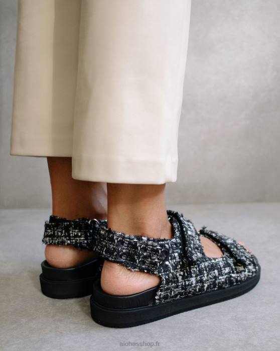 femmes tweed noir P64N237 Alohas tweed à boucle auto-agrippante - sandales en cuir noir