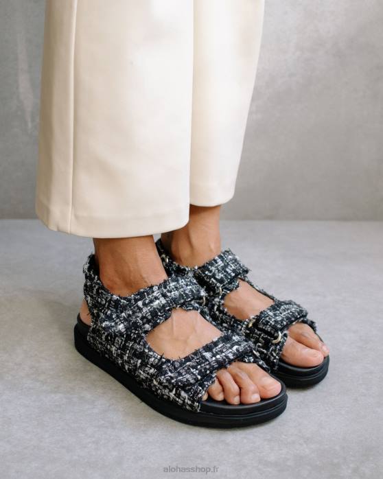 femmes tweed noir P64N237 Alohas tweed à boucle auto-agrippante - sandales en cuir noir