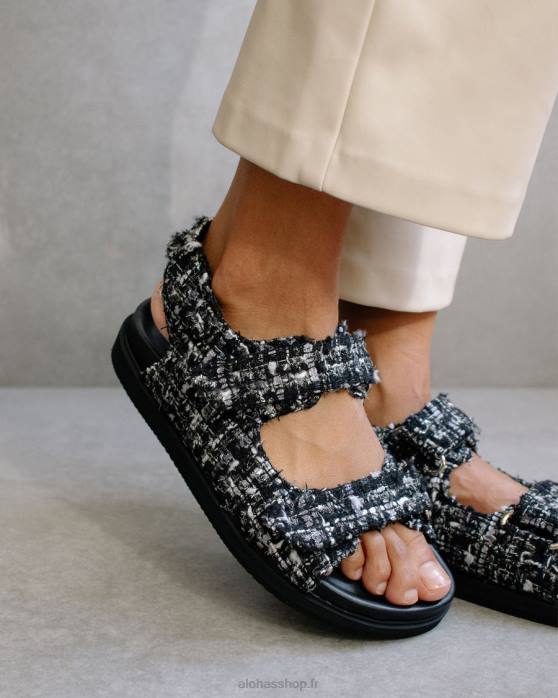 femmes tweed noir P64N237 Alohas tweed à boucle auto-agrippante - sandales en cuir noir