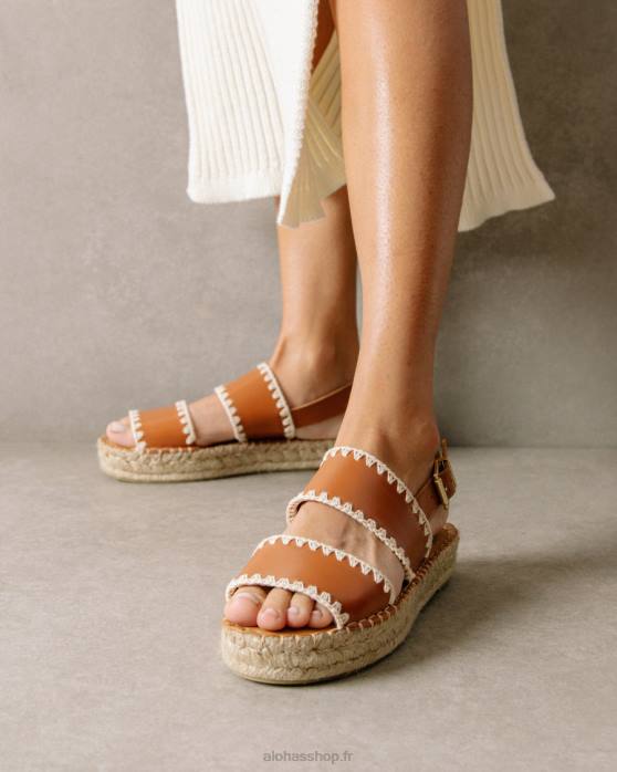 femmes crochet beige ivoire P64N327 Alohas double bride - espadrilles en cuir marron et blanc