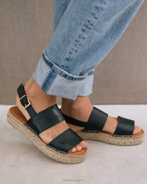 femmes noir P64N326 Alohas double bride - espadrilles en cuir noir
