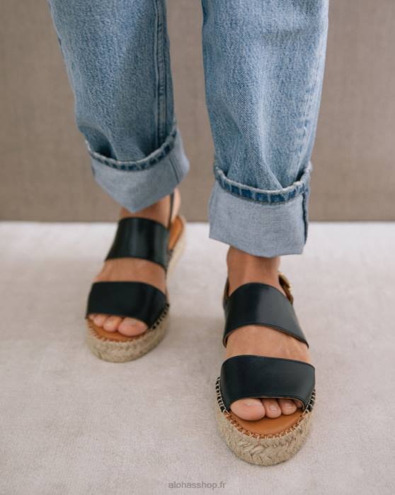 femmes noir P64N326 Alohas double bride - espadrilles en cuir noir