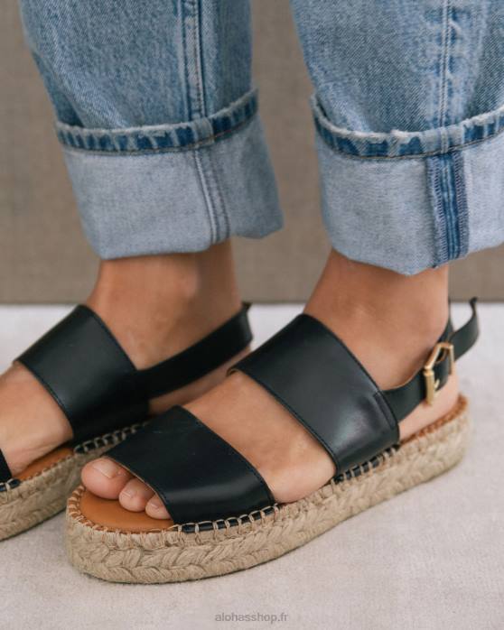 femmes noir P64N326 Alohas double bride - espadrilles en cuir noir