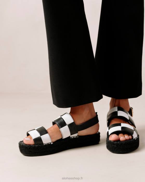 femmes scacchi noir blanc/blanc P64N324 Alohas scacchi à double bride - sandales en cuir noir et blanc