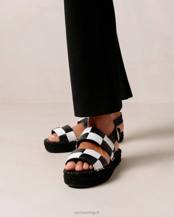 femmes scacchi noir blanc/blanc P64N324 Alohas scacchi à double bride - sandales en cuir noir et blanc