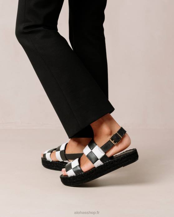 femmes scacchi noir blanc/blanc P64N324 Alohas scacchi à double bride - sandales en cuir noir et blanc