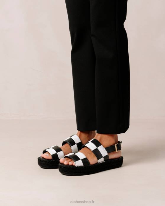 femmes scacchi noir blanc/blanc P64N324 Alohas scacchi à double bride - sandales en cuir noir et blanc