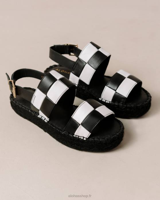 femmes scacchi noir blanc/blanc P64N324 Alohas scacchi à double bride - sandales en cuir noir et blanc