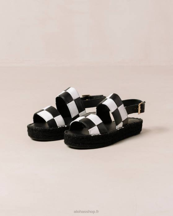 femmes scacchi noir blanc/blanc P64N324 Alohas scacchi à double bride - sandales en cuir noir et blanc