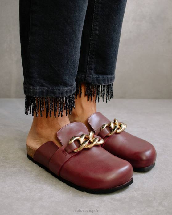 femmes bordeaux foncé P64N475 Alohas chaîne au coin du feu - sabots cuir rouge