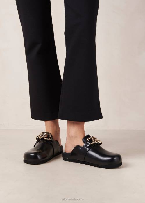 femmes chaîne noire P64N431 Alohas cheminée - sabots cuir noir