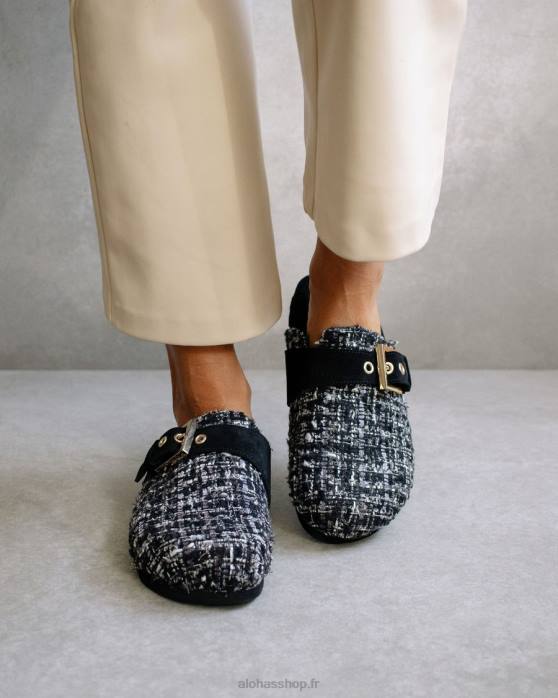 femmes tweed noir P64N468 Alohas cosy tweed - sabots cuir noir