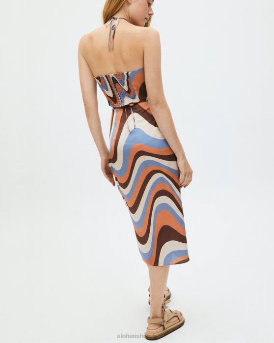 femmes bleu kaléidoscope P64N844 Alohas kaléidoscope noué haut - jupe en satin bleu