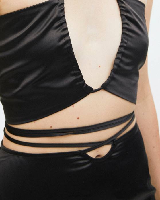 femmes noir P64N843 Alohas noué haut - jupe en satin noir